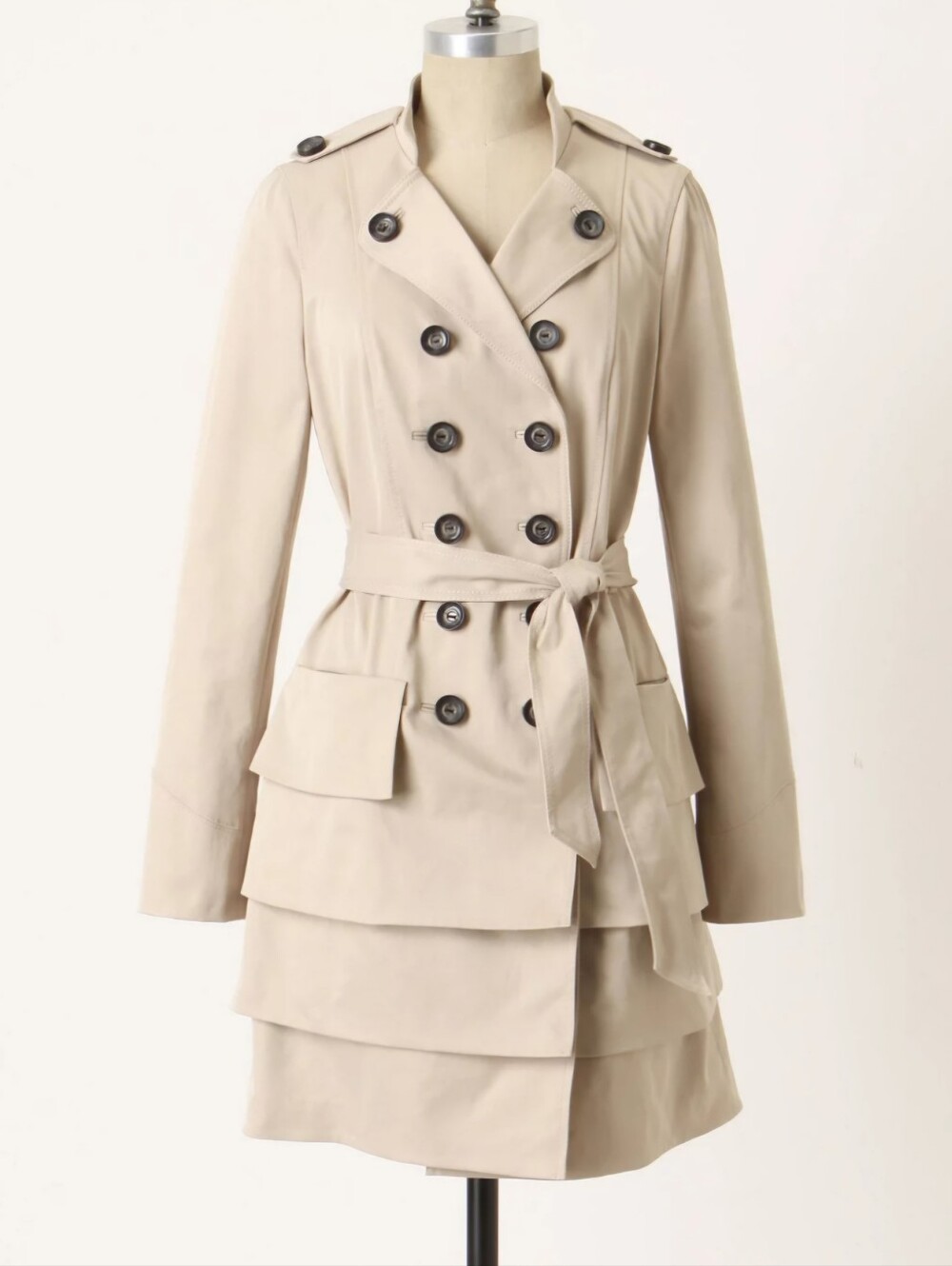 Anthropologie Idra Beige Belted Tiered Trench Coat Classic Chic Luxury Jacket - Picture 2 of 10